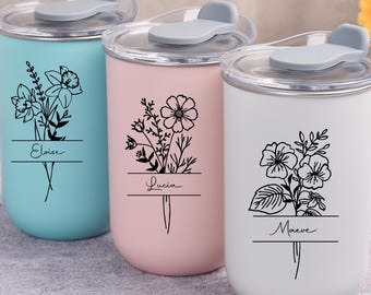 Bottiglia regalo per viaggio tra ragazze, borraccia personalizzata con nome, bicchiere in acciaio inossidabile con fiore di nascita inciso, regalo di viaggio per amiche e damigelle d'onore.