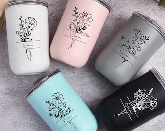 Bouteille d'eau de demoiselle d'honneur, verre de fleur de naissance personnalisé avec nom, cadeau en acier inoxydable gravé pour le jour du mariage de demoiselle d'honneur