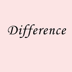 May include: The word "Difference" in elegant black script is centered on a soft pink background. The cursive font adds a touch of sophistication to the simple design. The image is clean and minimalist.