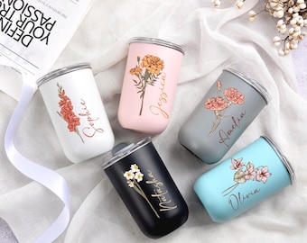 Gepersonaliseerde beker voor geboortebloemen, aangepaste beker voor bruidsmeisje met deksel, cadeau bruidsmeisje, cadeau bruidsmeisje, cadeaus bruid, reismok bruid, kopjes bruidsmeisje