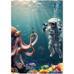 Poster surreale di polpo e astronauta - Arte subacquea stravagante - Regalo perfetto per gli amanti del mare