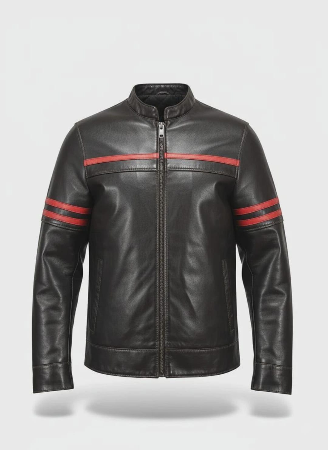 Men's Black Cafe Racer Jacket: Genuine Cowhide Leather With Red Stripe ...