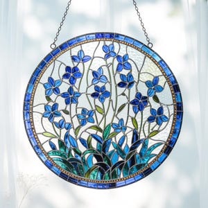 Forget-Me-Not Stained Glass Suncatcher, Window Hanging Decor, Handmade Floral Sun Catcher, Nature Inspired Art, Botanical Glass Ornament