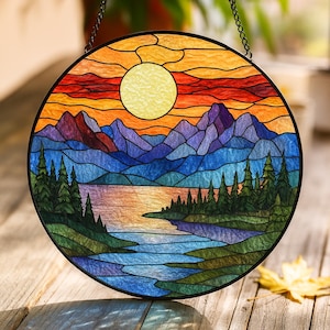 Mountain Range Stained Glass Suncatcher Ornament, Nature Suncatcher For Window Hanging, Stained Glass Window Decor, Christmas Home Decor