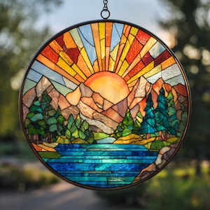 Mountain Range Stained Glass Suncatcher Ornament, Nature Suncatcher For Window Hanging, Stained Glass Window Decor, Christmas Home Decor