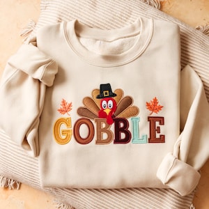 Embroidered Gobble Turkey Thanksgiving Sweatshirt