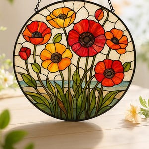 California Poppy Stained Glass Suncatcher, Poppy Flower Window Hanging, Botanical Floral Glass Art, Flower Wall Decor, Gift for Flower Lover