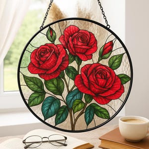 Rose Bouquet Stained Glass Suncatcher, Style Wall and Window Decoration, Special Gifts for Women, Rose Flowers Gifts, June Birthday Gift