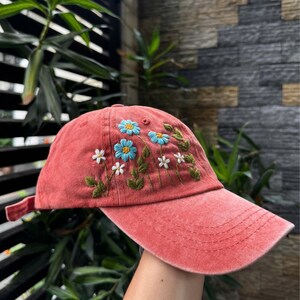 Hand Embroidery Blue Daisy, Wildflowers Embroidered Hat, Personalized Baseball Cap, Vintage Embroidered Floral, Hat For Woman