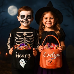 Halloween Trick or Treat Basket, Trick or Treat Bag, Custom Kids Halloween Bag, Pumpkin Ghost Candy Bucket, Halloween Tote, Halloween Gifts