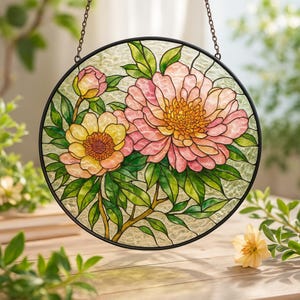 Peony Flower Stained Glass Suncatcher/Peony Window Hanging/Peony Gifts for Mom/Unique Botanical Art Window Hanging/Nature Inspired Art