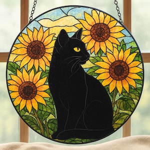 Sunflower Black Cat Glass Suncatcher Gift, Gift for Cat Lovers Wall Hanging Ornament Gift for Mom Memorial Gift, Black Cat Suncatcher