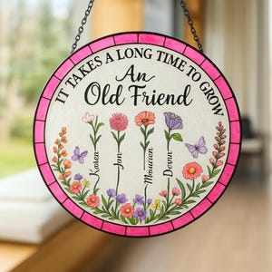 Personalized Old Friend Stained Glass Suncatcher – Custom Floral Window Hanging with Names – Friendship Gift for Best Friends