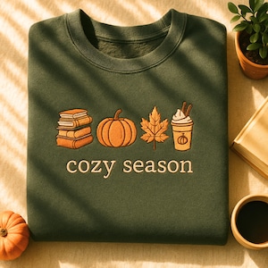 Cozy Season Embroidered Sweatshirt, Books Lover Fall Gift, Womens Pumpkin Season Shirt, Cute Pumpkin Shirt, Autumn Leaf Shirt, Fall  Shirt