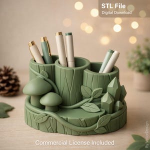 Organizzatore da scrivania per stampa 3D, file STL - Portapenne e portamatite a tema foresta, funghi e cristalli (uso commerciale)