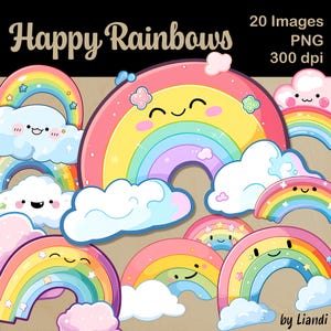 Clipart arc-en-ciel kawaii - 20 graphiques arc-en-ciel mignons et joyeux pour projets de bricolage, PNG transparents pour usage commercial