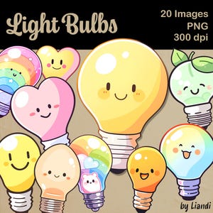 Kawaii Light Bulbs Clipart - 20 gráficos de lâmpadas bonitos e coloridos para projetos DIY, PNG transparente para uso comercial