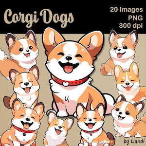 Clipart Kawaii Corgis - 20 graphiques de chien corgi mignons et heureux pour des projets de bricolage, PNG transparents pour un usage commercial