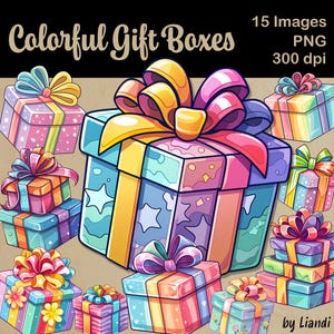 Colorful Gift Boxes Clipart - 15 Rainbow Colored Present Box Graphics for DIY Projects, Transparent PNG for Commercial Use