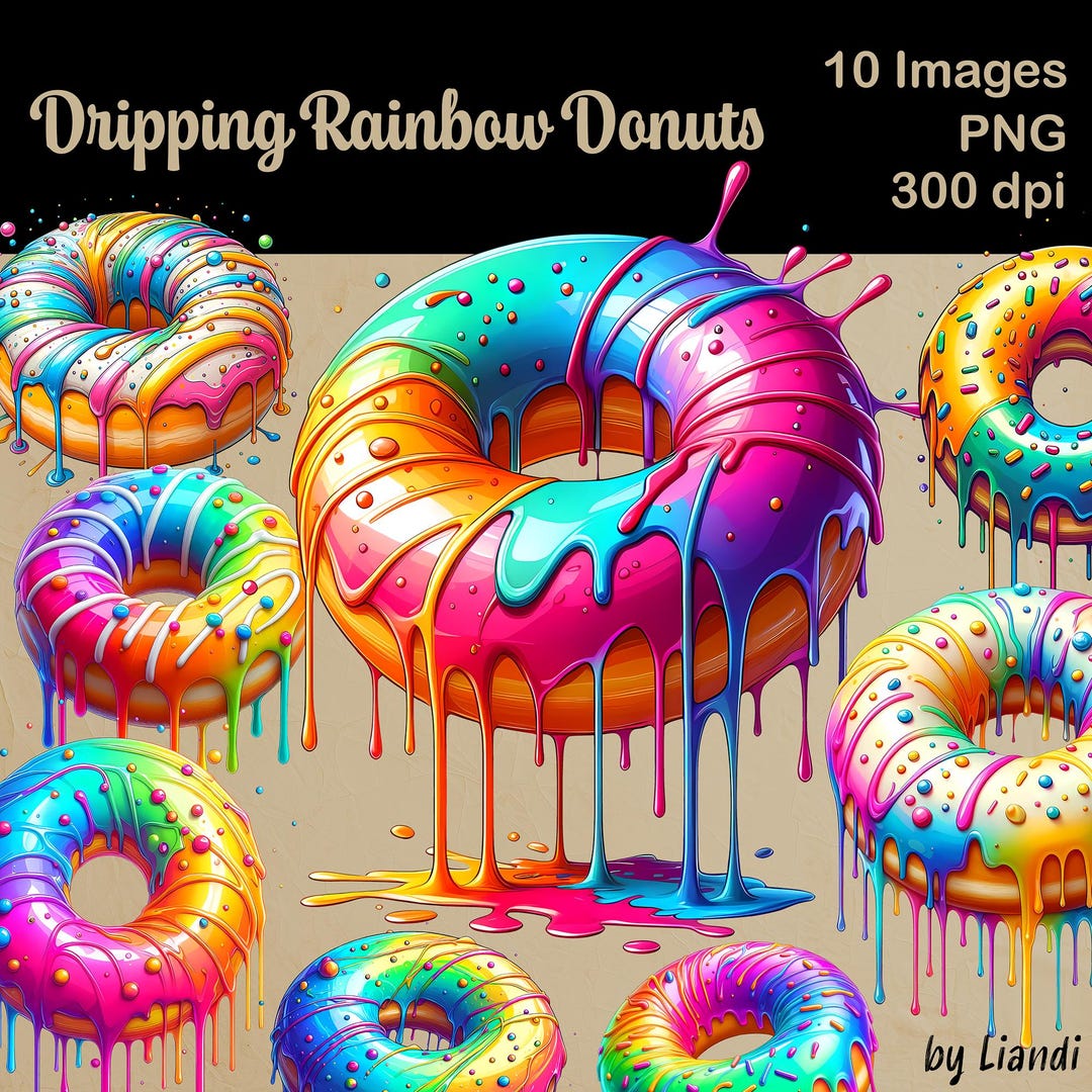 Dripping Rainbow Donuts Clipart - 10 Colorful Paint Splash Doughnuts ...