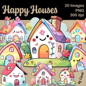 Imágenes prediseñadas de casas kawaii: 20 gráficos de casas lindos y coloridos para proyectos de bricolaje, PNG transparente para uso comercial