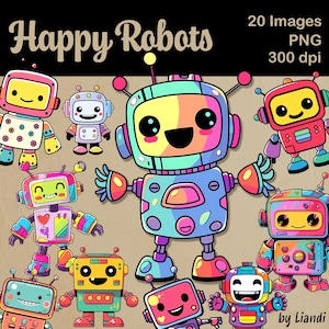 Clipart de robôs Kawaii - 20 gráficos de robôs retrô fofos e coloridos para projetos DIY, PNG transparente para uso comercial