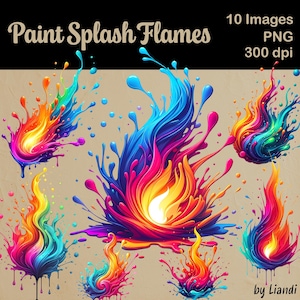 May include: Ten digital images of colorful paint splashes in the shape of flames. The flames are a mix of red, orange, yellow, green, blue, and purple.