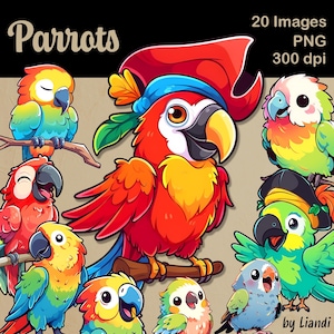 Kawaii Parrots Clipart - 20 gráficos de pássaros papagaios fofos e coloridos para projetos DIY, PNG transparente para uso comercial