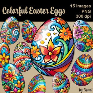 Clipart coloré d'oeufs de Pâques - 15 graphiques d'oeufs de Pâques trippy pour des projets de bricolage, PNG transparent pour usage commercial