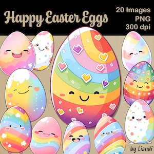 Clipart de huevos de Pascua kawaii: 20 gráficos de huevos de Pascua lindos y felices para proyectos de bricolaje, PNG transparente para uso comercial