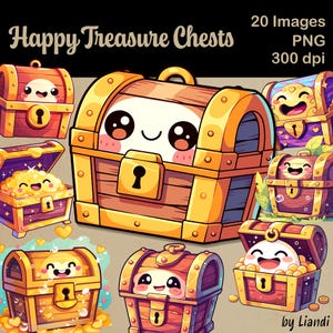 Clipart de baús de tesouro Kawaii - 20 gráficos de baús de tesouro fofos e coloridos para projetos DIY, PNG transparente para uso comercial