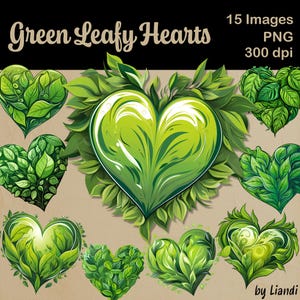 Clipart de corações frondosos - 15 gráficos de amor da natureza verde e fresca para projetos DIY, PNG transparente para uso comercial