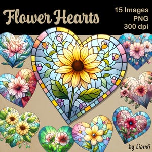Glasmalerei Blumen Herzen Clipart - 15 bunte Blumenherz Grafiken für DIY-Projekte, transparente PNG für den kommerziellen Gebrauch