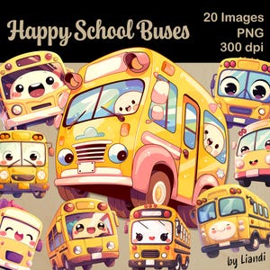 Clipart kawaii de bus scolaires - 20 graphiques de bus scolaires mignons et joyeux pour des projets de bricolage, PNG transparents pour un usage commercial