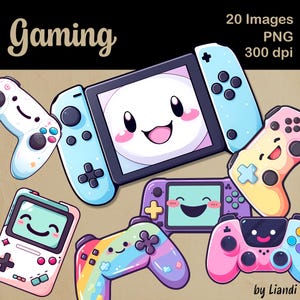 Kawaii Gaming Clipart - 20 süße und bunte tragbare Konsolen- und Controller-Grafiken für DIY-Projekte, transparente PNG für den kommerziellen Gebrauch