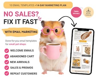 Plantillas de correo electrónico para tiendas de mascotas + Plan de 14 días / Kit de marketing de Canva (Descarga digital)