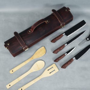 Leather Knife Roll Bag for Chefs - Japanese Knife Case & Storage with 11 slots, Chef&#39;s Knife Roll, Gift for Professional Chef Knife Case