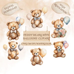Aquarell Teddy Bär mit Luftballons Clipart, niedlichen Bär PNG, Baby-Dusche, Jungen-Geburtstagsgeschenk, Boho Kinderzimmer Wandkunst, Sofort Download, PNG,