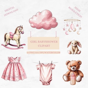 16 Watercolor Pink Baby Shower Clipart Bundle , It&#39;s a Girl PNG, Baby Girl Nursery Graphics, Newborn Baby Shower Invitation,Gift For Kids