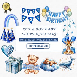 C'est un clipart aquarelle pour baby shower, ballons bleus ours en peluche, graphiques d'invitation et de panneau de bienvenue, faire-part pour baby shower, 400 ppp