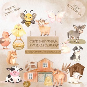 Aquarell Bauernhof Clipart Bundle, süße Baby Kuh, Ziege, Pferd, Aquarell Huhn, Esel PNG, Bauernhof Kindergarten Drucke und Babyparty Dekor