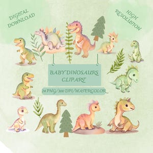Watercolor Baby Dinosaur Clipart, Cute Dinosaur PNG, Dinosaur Stickers, T-Rex Clipart, Dinosaur Birthday, Dino Baby Shower, Nursery Art,