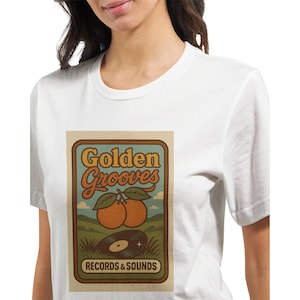 Golden Grooves Retro Vinyl T-Shirt – Vintage Record Store Graphic Tee, 70s Style Music Shirt for Vinyl Lovers, Funk Soul Jazz Aesthetic Tee