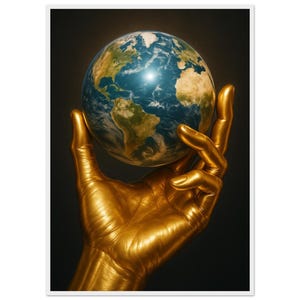 Gerahmte Erde in goldener Hand Kunstdruck Moderne surreale Weltkarte Wanddekoration für Büro Schlafzimmer Wohnzimmer oder Meditations Raum