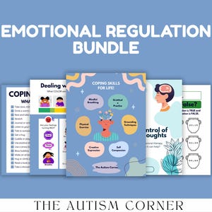 May include: An "Emotional Regulation Bundle" graphic with the text "Coping Skills for Life!" and "The Autism Corner." The bundle includes several colorful educational pages with illustrations and text about emotional regulation techniques.