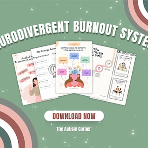 Peut inclure: Ensemble de guides imprimables intitulés "Neurodivergent Burnout System" sur fond vert. Les guides traitent de la santé mentale, de la résolution de problèmes et de l'état d'esprit négatif. Le texte "Download Now" est mis en évidence.
