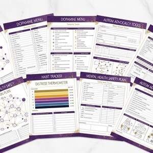 May include: A collection of printable worksheets with purple and gold accents. The sheets include titles such as "Brain Map," "Dopamine Menu," "Autism Advocacy Tools," and "Mental Health Safety Plan." The worksheets feature diagrams and checklists.