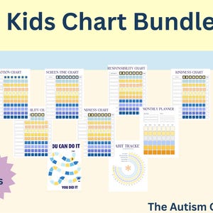 以下が含まれることがあります： 感情、画面時間、責任、優しさのチャートなど、印刷可能な子供向けチャートのバンドル。チャートにはカラフルなグリッドと「Kids Chart Bundle」、「Du Can Do It」、「You Did It」の文字が表示されます。バンドルには18ページが含まれています。