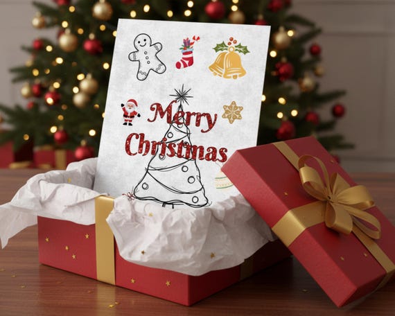 Merry Christmas Wall Art Printable - Santa & Gingerbread Digital Poster