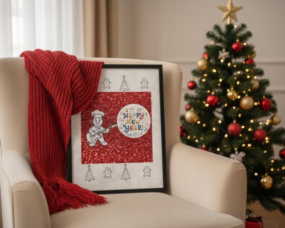 Gingerbread Chef Happy New Year Printable Wall Art - Instant Download